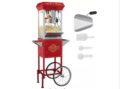 8 oz. Commercial Popcorn Machine 850-Watt Theater Popper on Wheels, 48-Cups per Batch,Tempered Glass Doors, Red  PRE ORDER FOR OUR NEXT CONTAINER SHIPMENT MID 2026