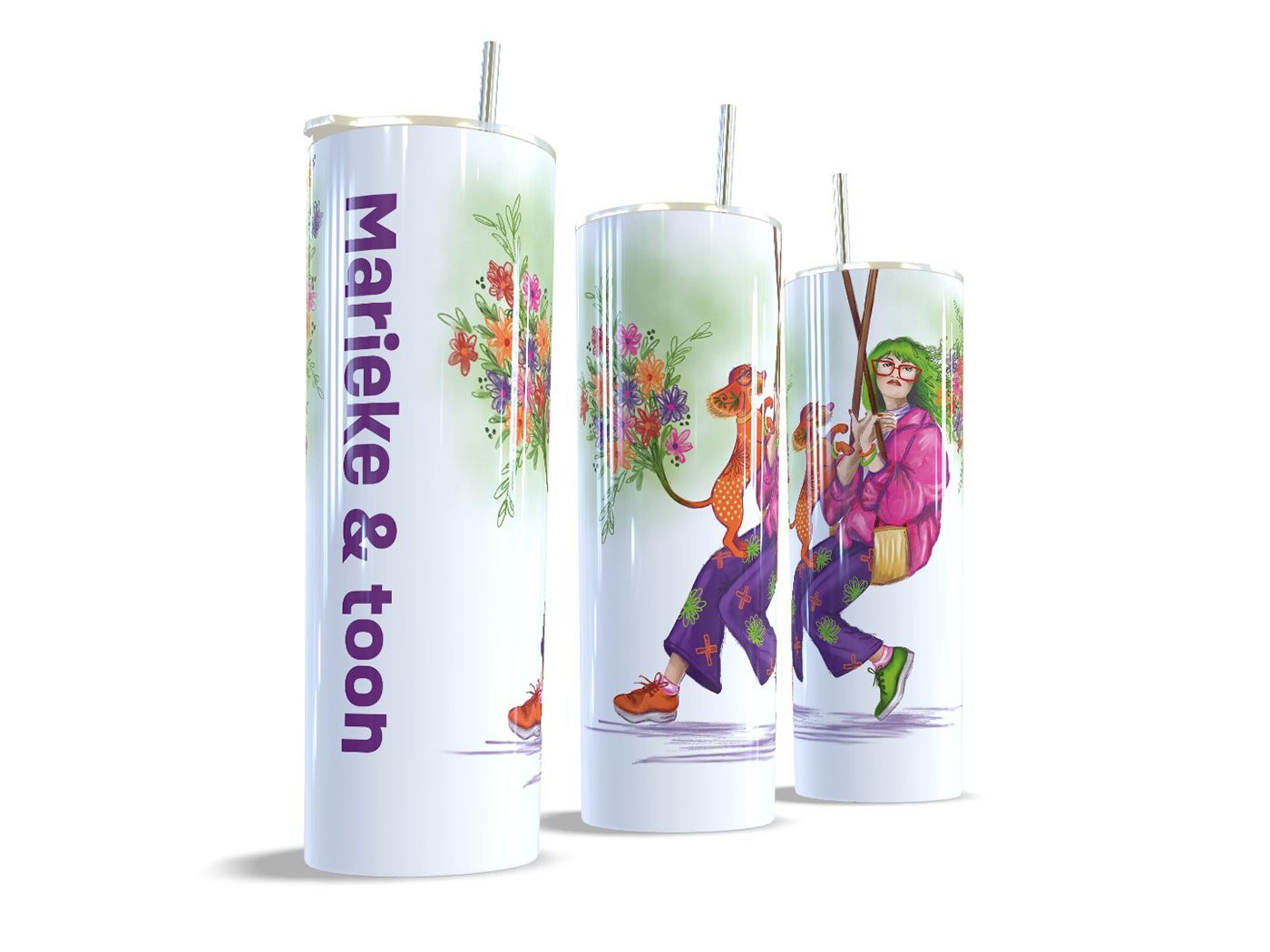 Witte gepersonaliseerde tumbler van 600 ml met teckelillustratie schommel, vanuit drie kanten | EchtMiek