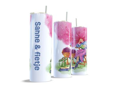 Tumbler met teckel – Lezen – gepersonaliseerd 600 ml Witte gepersonaliseerde tumbler van 600 ml met teckelillustratie - lezen, vanuit drie kanten | EchtMiek