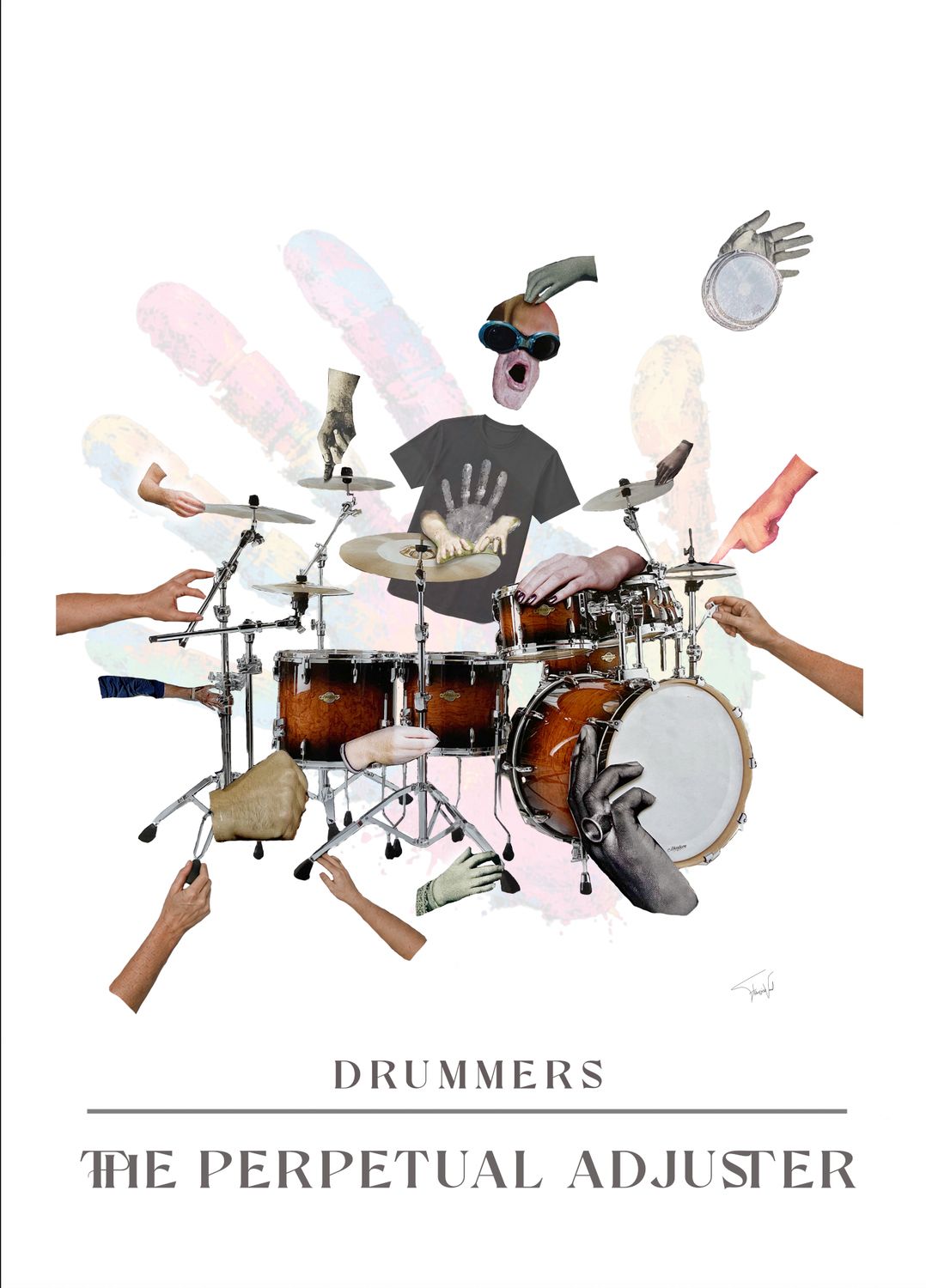 The Perpetual Adjuster - collage - drummer art - high quality print - 40x50cm Drummer collage made by Françoise Vaal, depicting a drummer with his hands all over the place