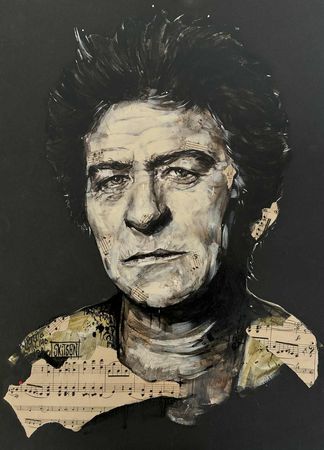 H-F Thiefaine. Sur papier black 250gr 42x29,5cm. Acrylique, pastels, encre chine, quelques collages. "Skitsen"