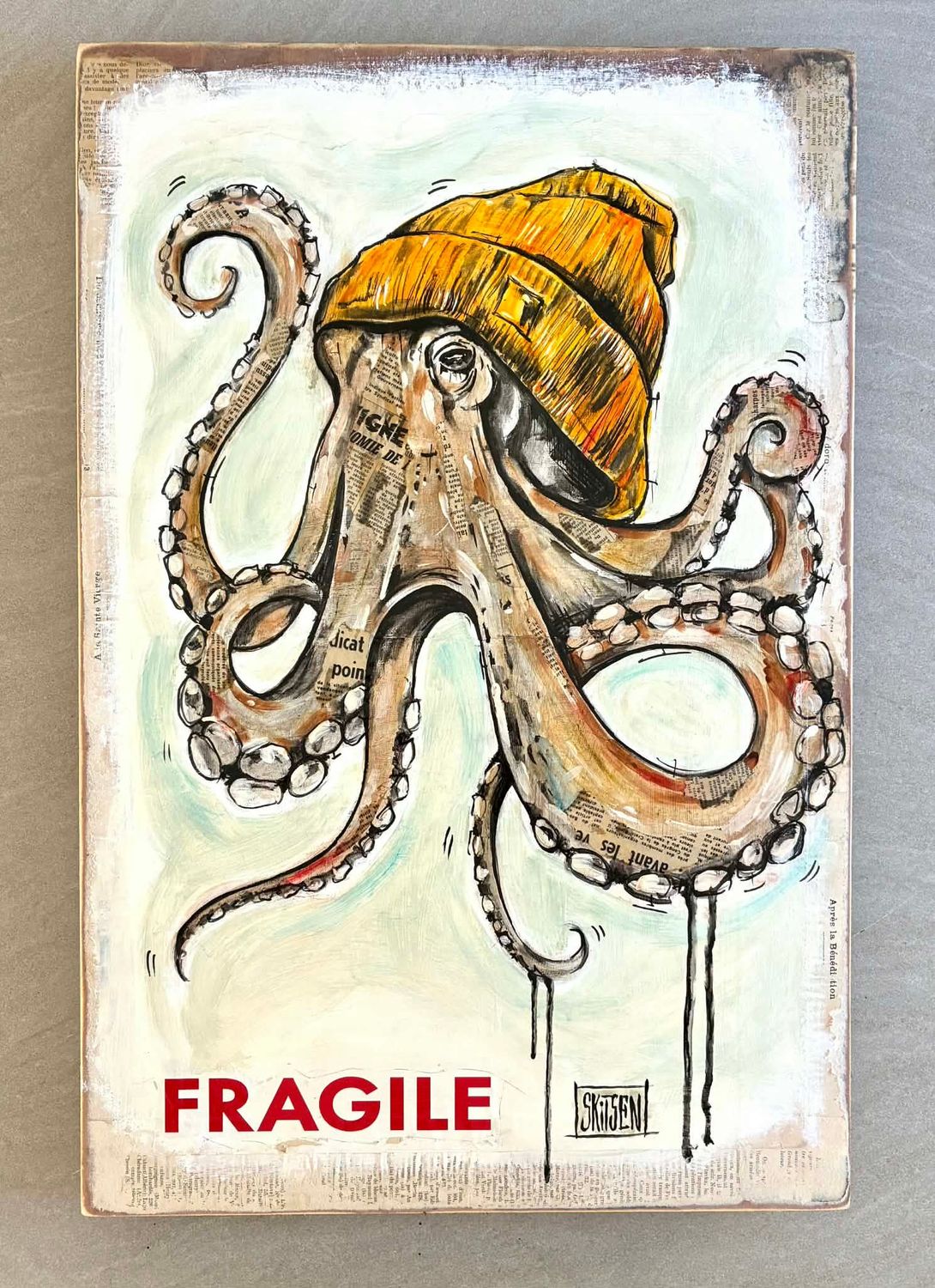 "Octopus". Sur une plaque bois de 61x40,5cm. Acrylique, pastels, encres, quelques collages.. vernis. "Skitsen"