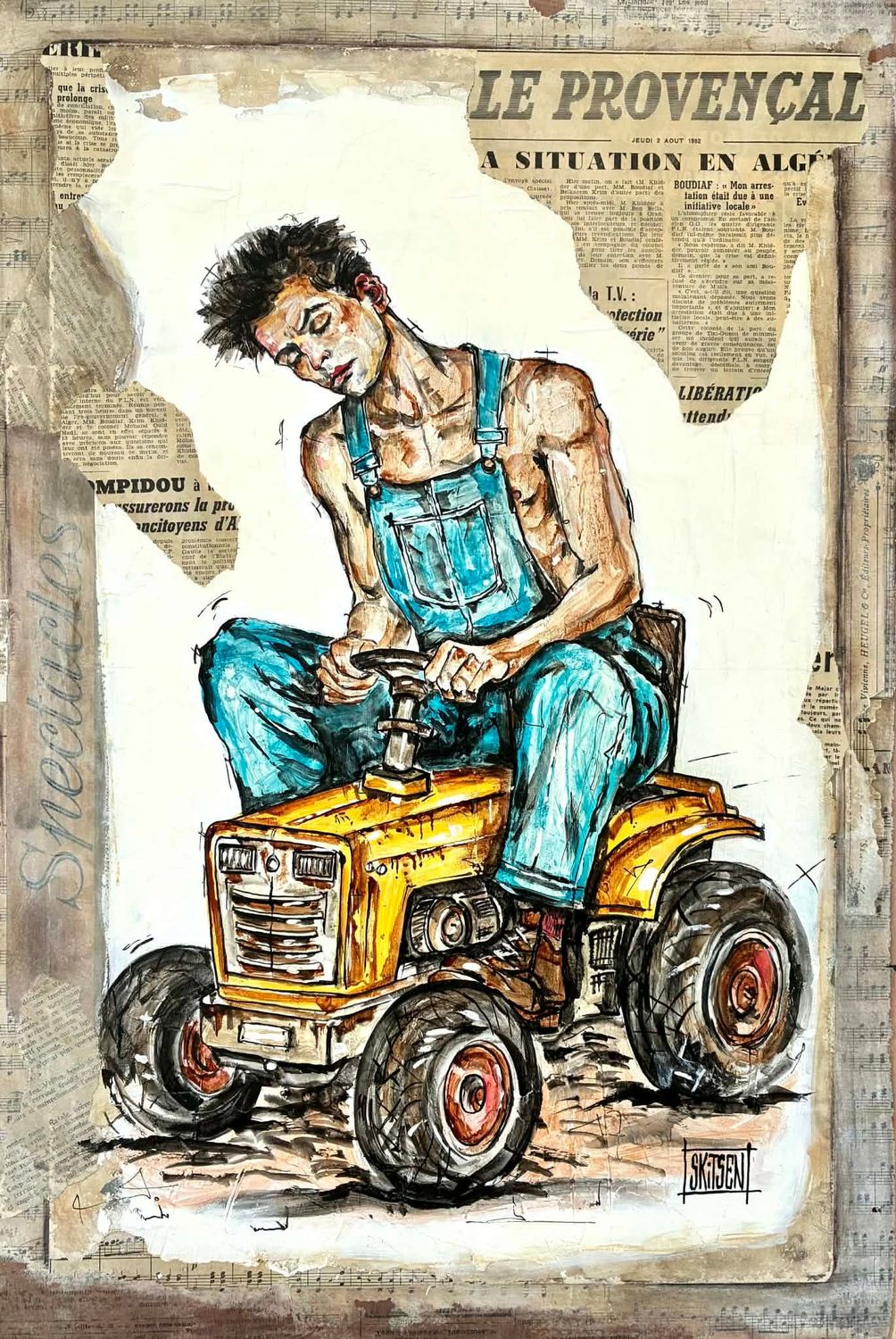 "Farmer". Sur une plaque bois de 61x40,5cm. Acrylique, pastels, encres, collages vieux journaux.. "Skitsen"