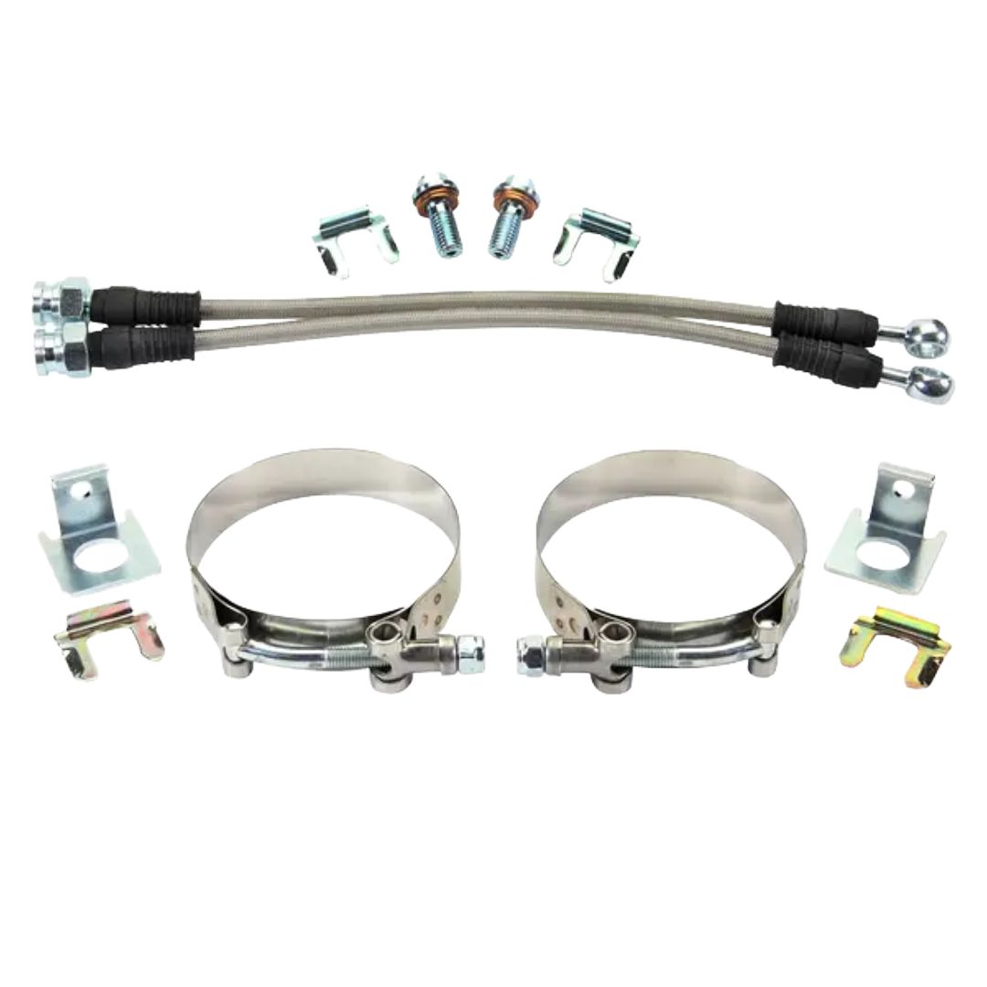 10" Rear Brake Hose Kit, 10MM Banjo 3/8"-24, Rubber, Axle Clamps, Hose Clips