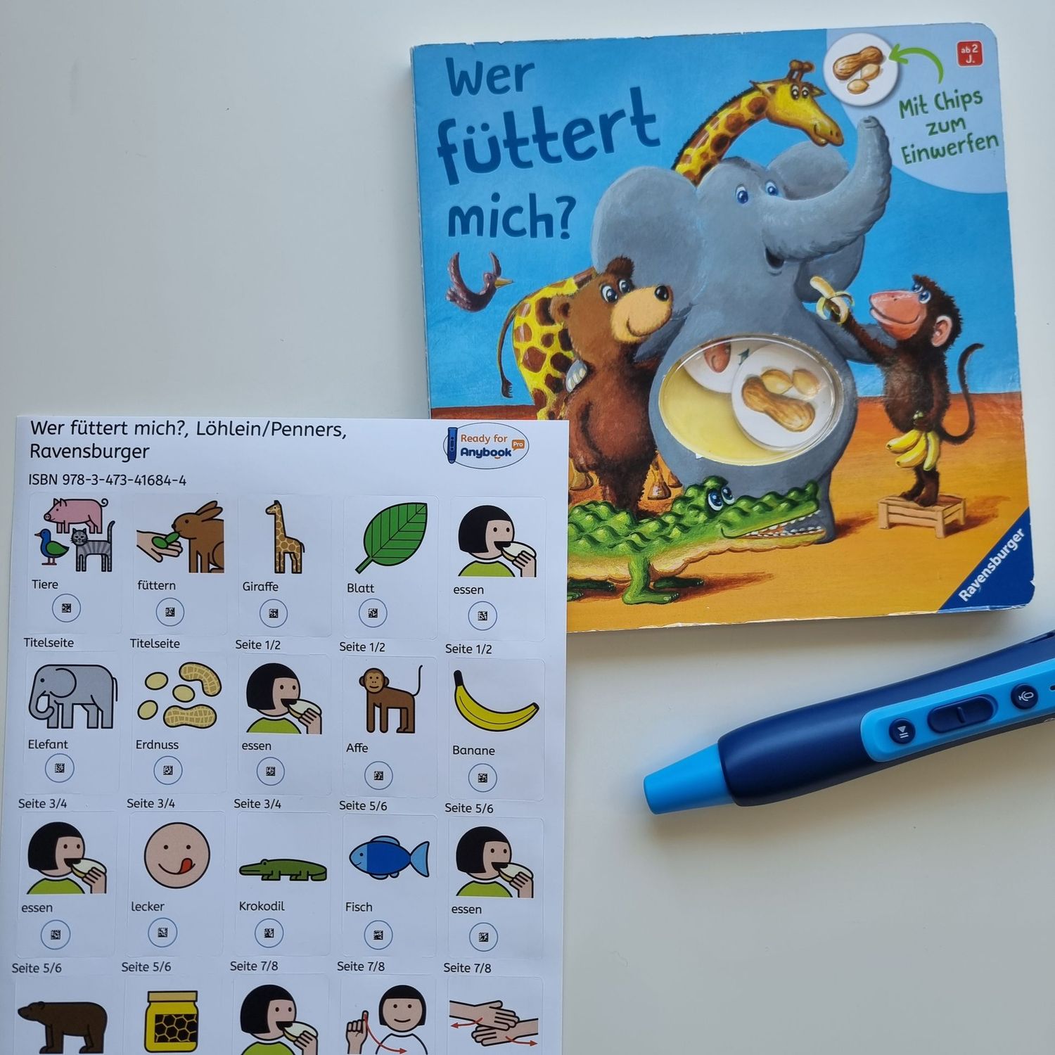 Wer füttert mich: Aufkleber mit METACOM-Symbolen und Anybook Codes