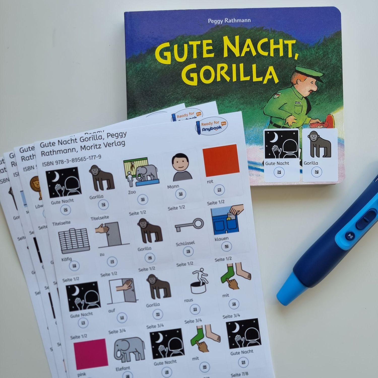 Gute Nacht Gorilla: Aufkleber mit METACOM-Symbolen und Anybook Codes