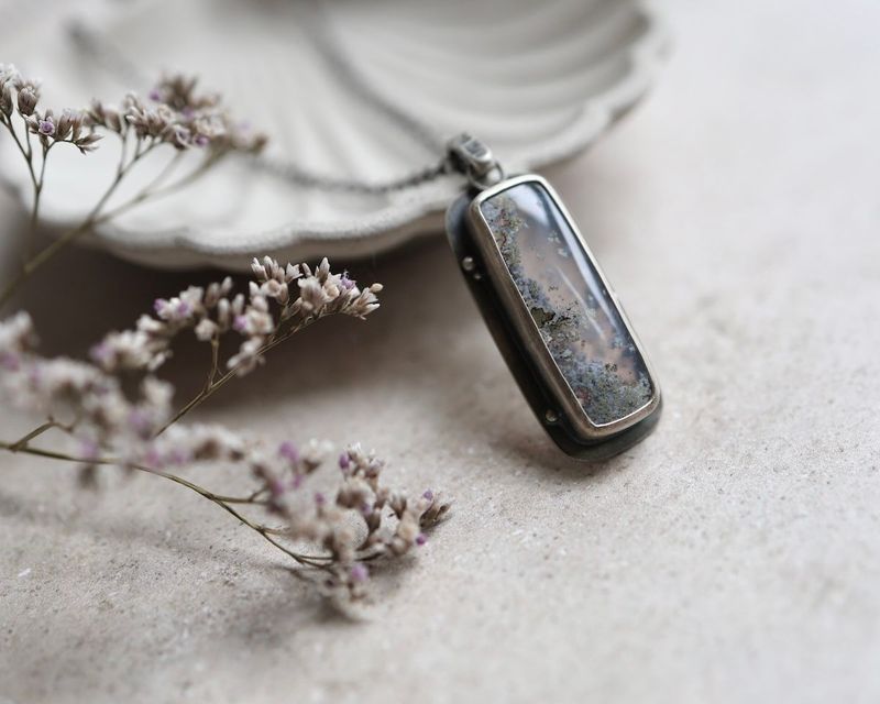 Large Moss Agate & Sterling Silver Rectangular Pendant