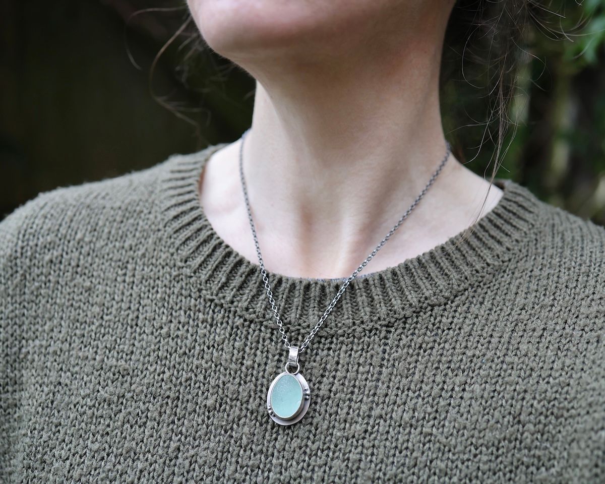 Aqua Sea Glass & Sterling Silver Pendant