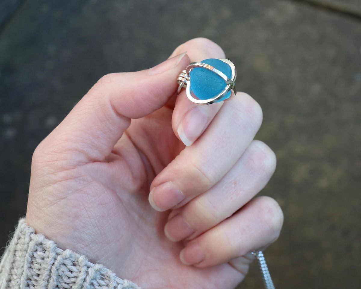 Sterling Silver 'Caged' Sea Glass Marble Pendant Necklace, Electric Blue