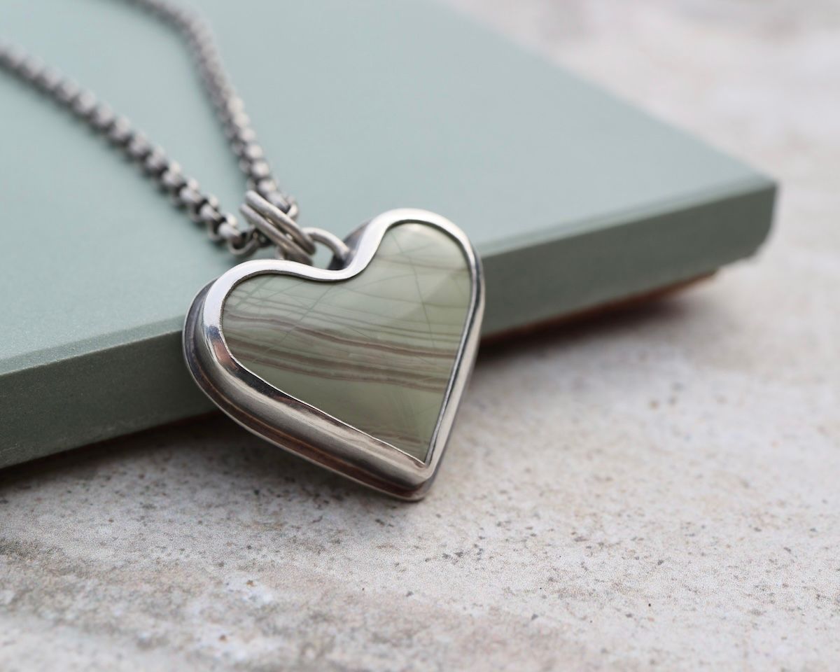 Green Imperial Jasper & Sterling Silver Heart Pendant