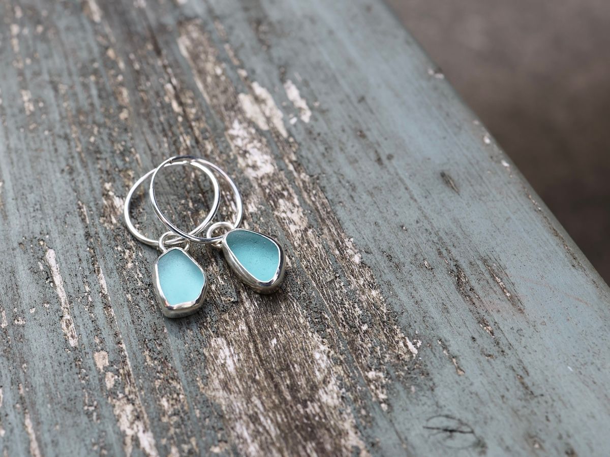 Teal Blue Sea Glass & Sterling Silver Hoop Earrings