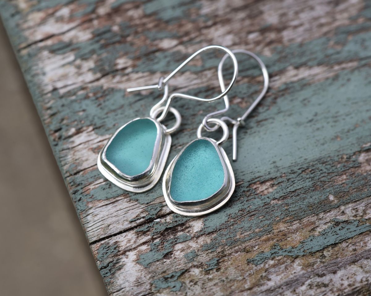 Teal Blue Sea Glass & Sterling Silver Hook Earrings