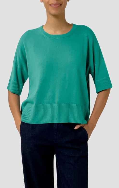 Eileen Fisher Peruvian Cotton Blend Crew Neck Elbow Sleeve Sweater in Sea Star