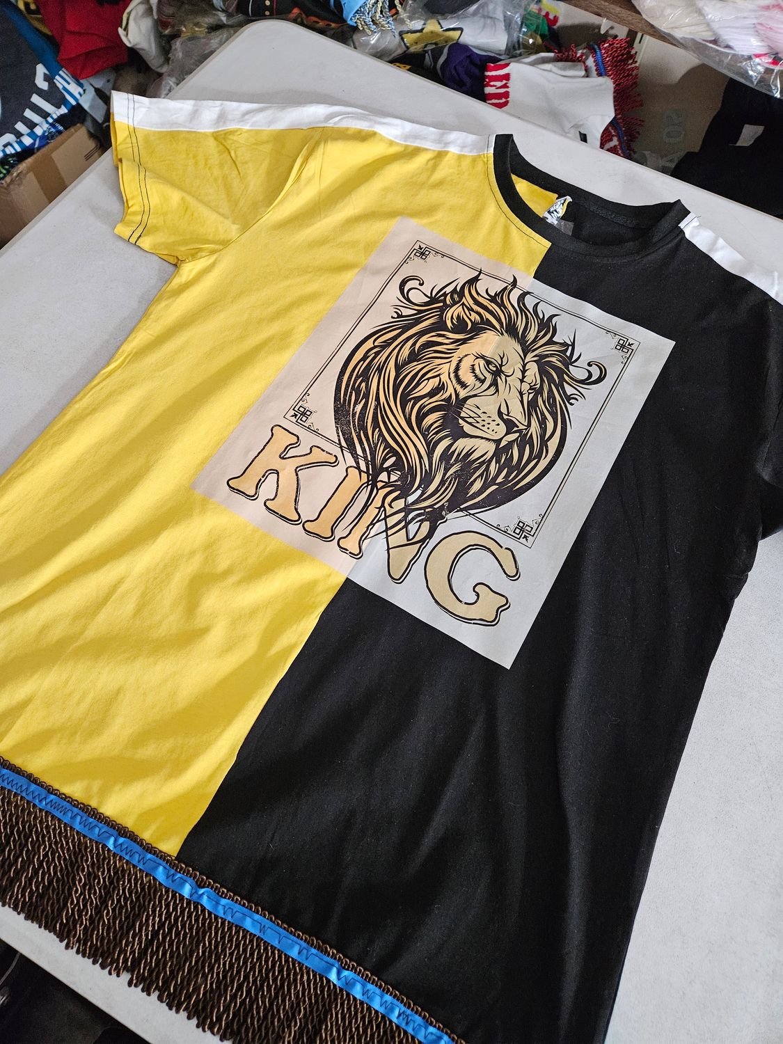 100% Cotton Two Tone Yellow/Black Tee Shirt Lion of Judah King Brown Fringes