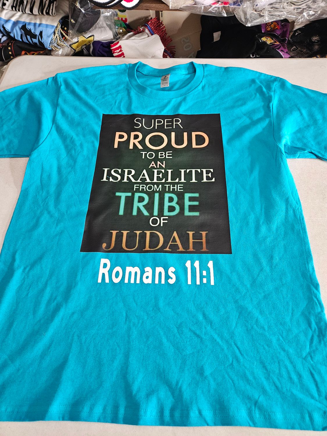 Super Proud to Be an Israelite from the Tribe of Judah Tropical Blue Tee Romans 11:1 White Fringes