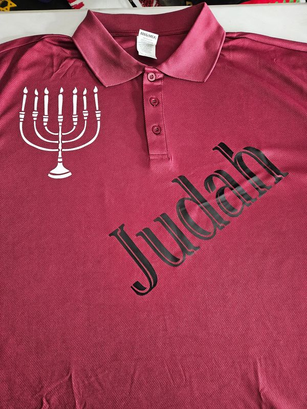 Judah w/ Menorah Black Fringes 100% Polyester Polo Burgundy Short Sleeve