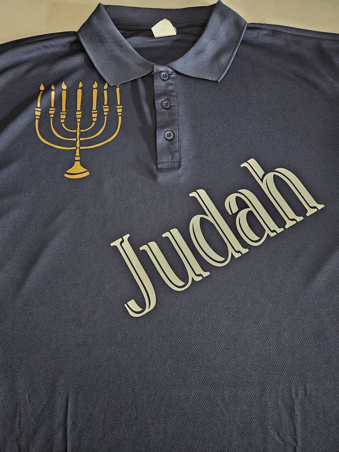 Judah w/ Menorah Gold Fringes 100% Polyester Polo Navy Blue Short Sleeve