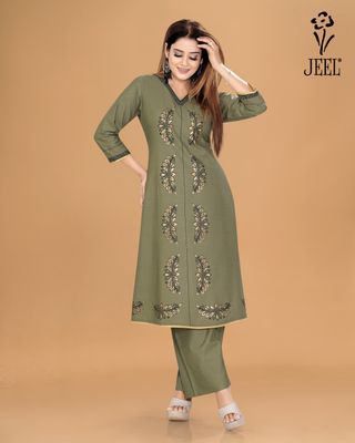 JEEL Kurti &amp; Plazo Set - Olive Green