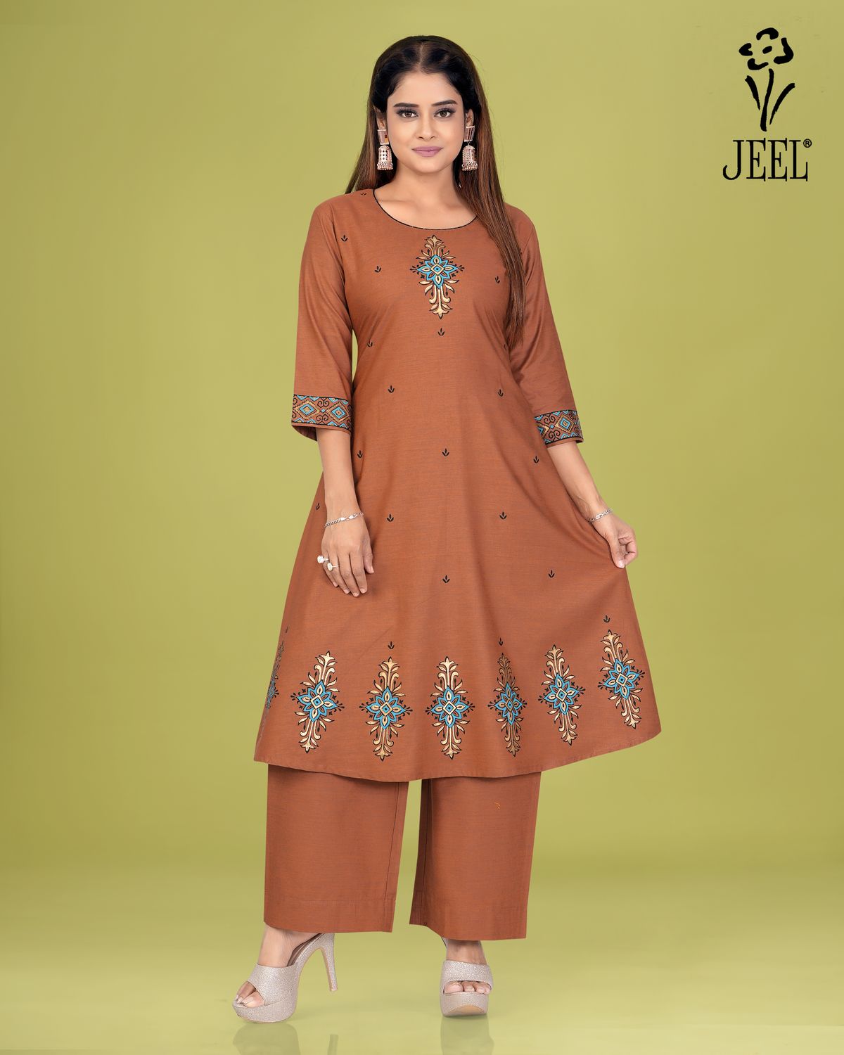 JEEL Kurti &amp; Plazo Set - Chestnut Brown