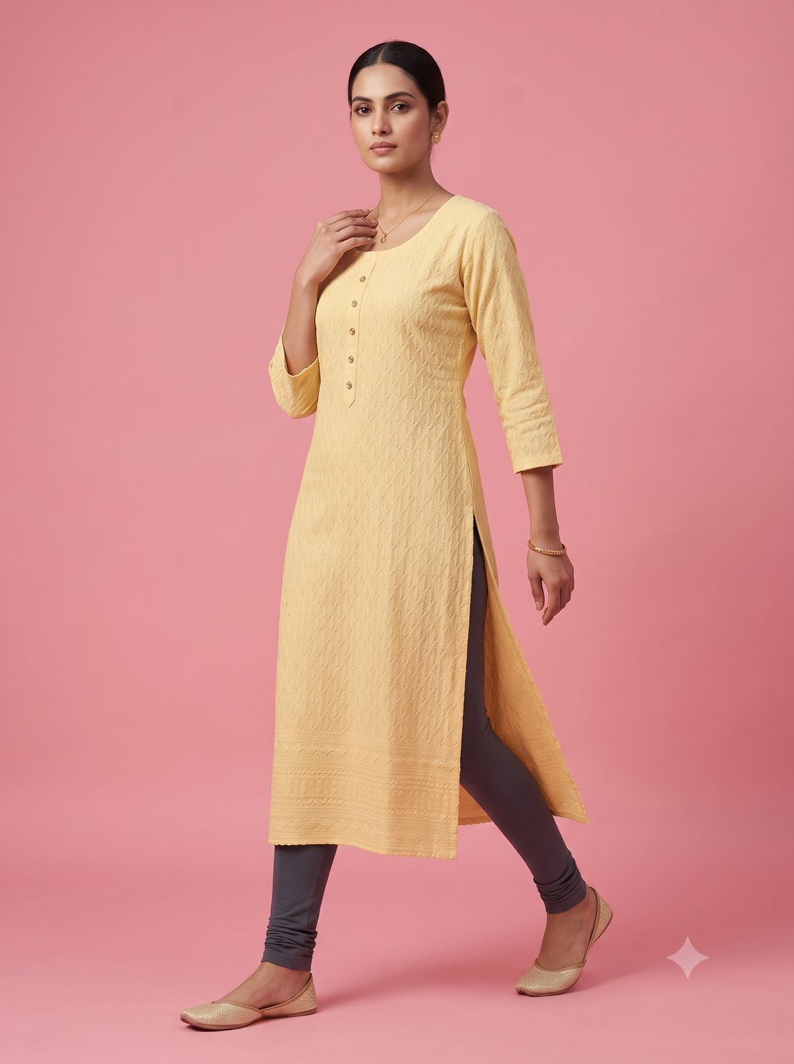 JEEL Chikan Kurti - Pastel yellow
