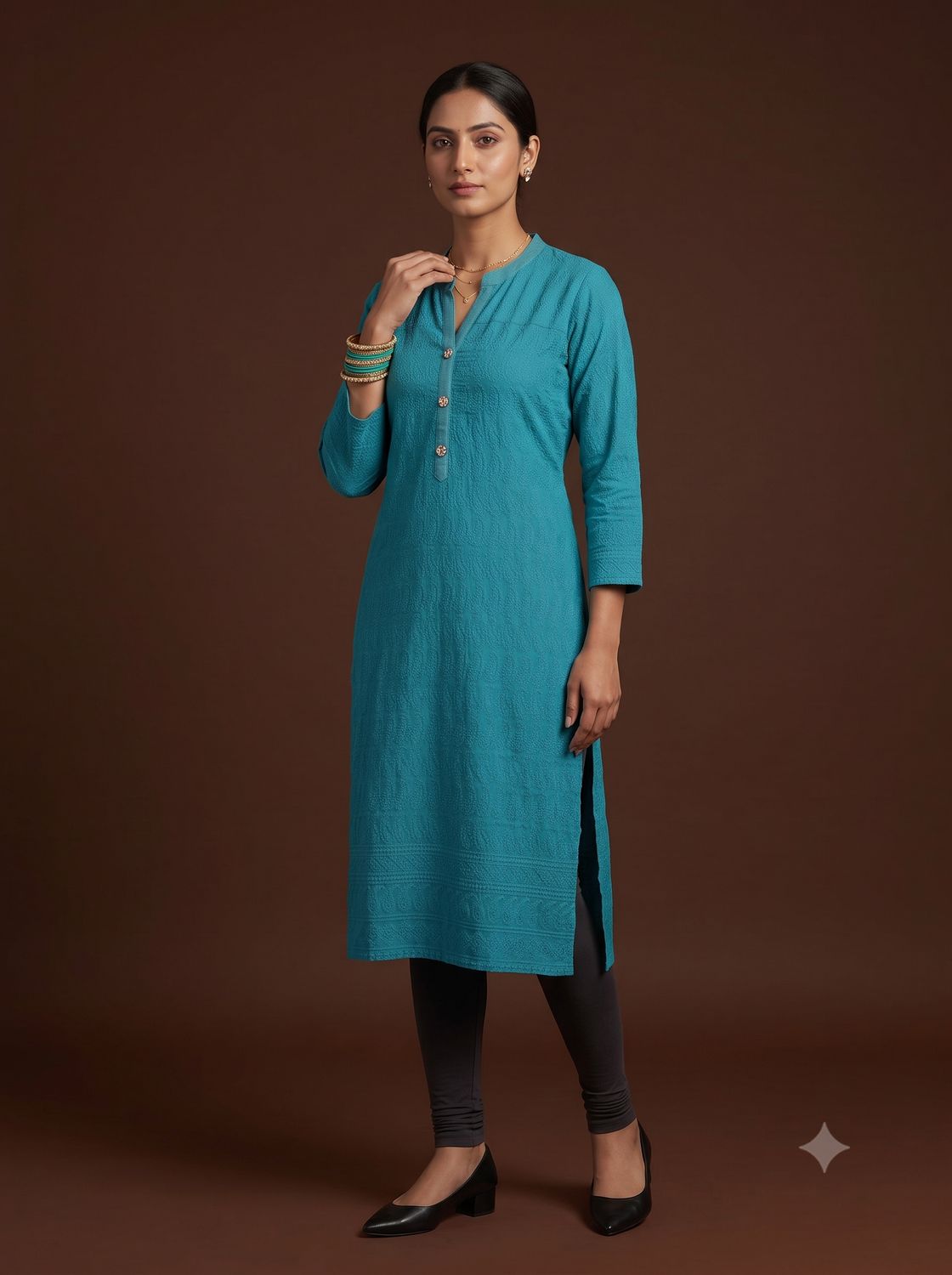 JEEL Chikan Kurti - Teal Blue