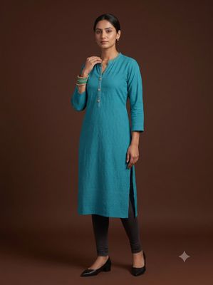 JEEL Chikan Kurti - Teal Blue