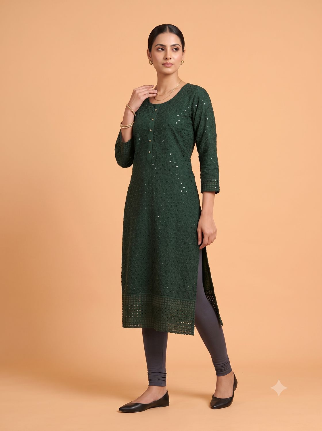 JEEL Chikan Kurti - Lush Green (Sequin)