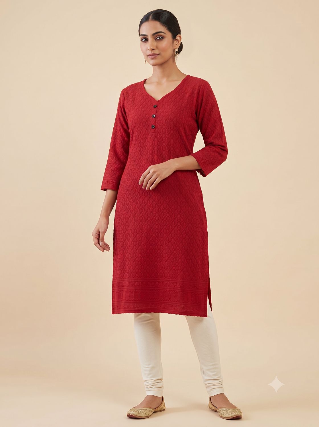 JEEL Chikan Kurti - red button V