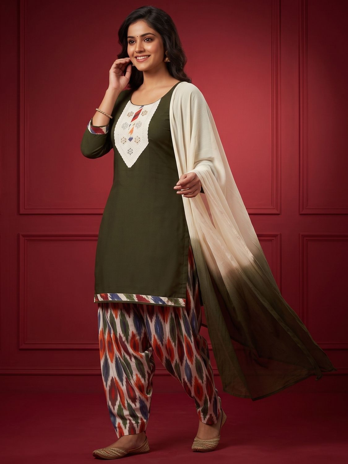 JEEL Punjabi Suit with Farsi Salwar - Mehendi Green