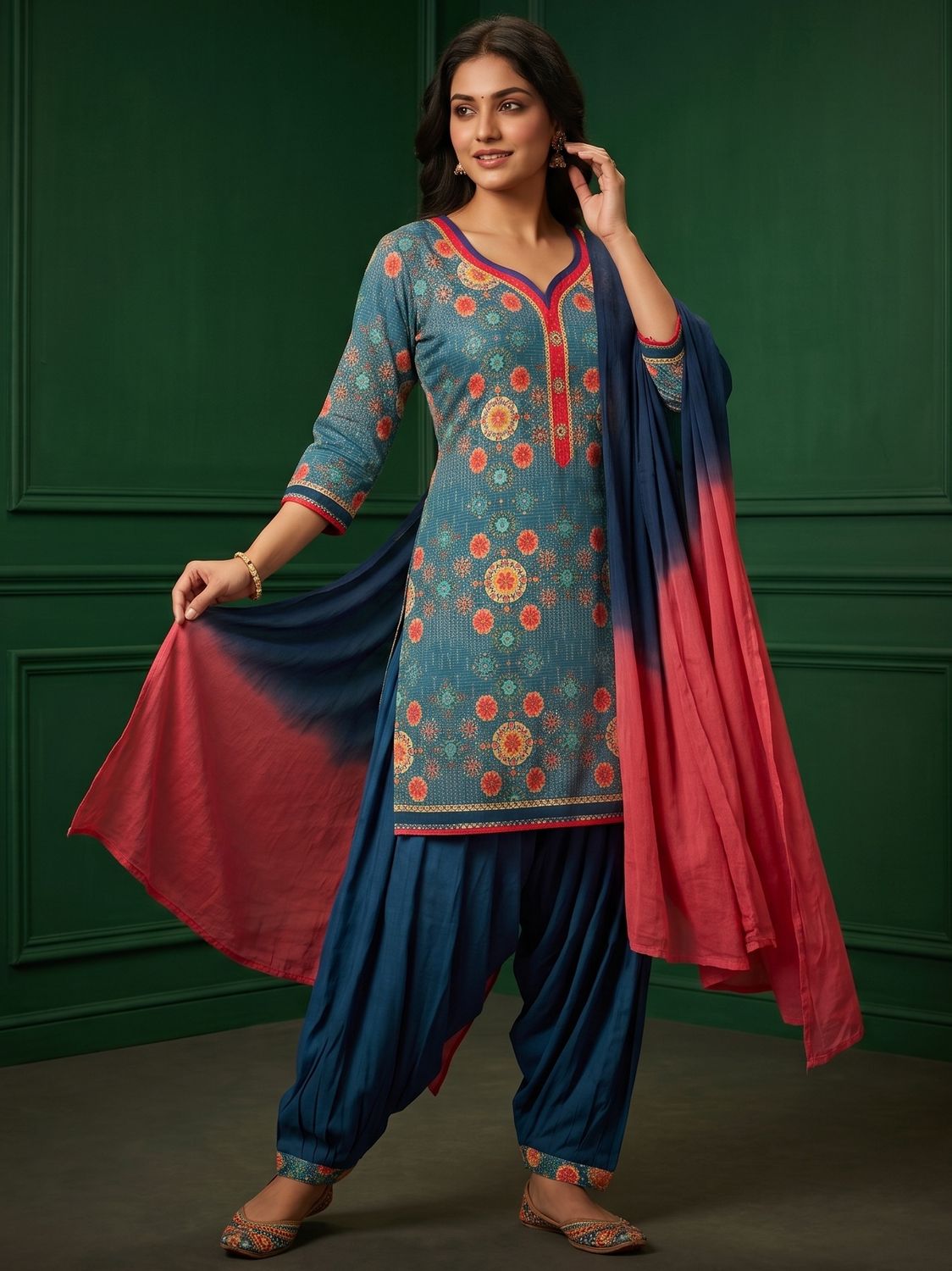 JEEL Punjabi Suit with Dhoti Pants - Teal Blue