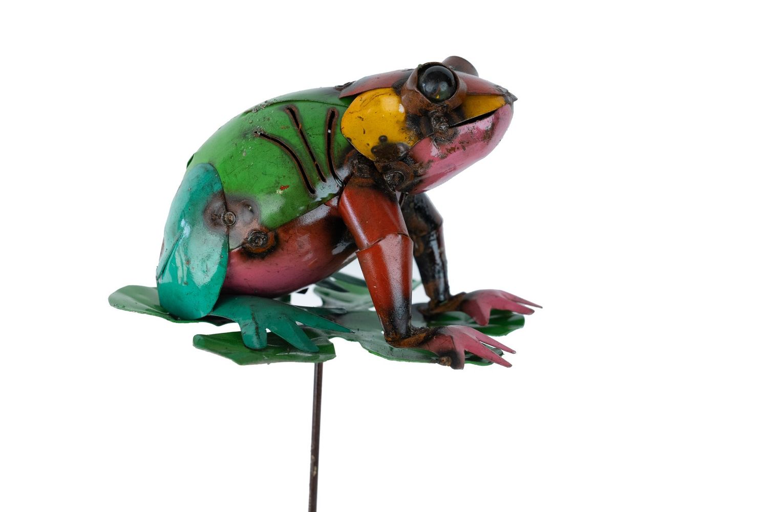 Frog on a Garden Stake-Recycled Metal Frog-Yard Art-8x28H inches-Colorful Frog on a Garden Stake-Recycled Metal Frog-Yard Art-8x28H inches-Colorful