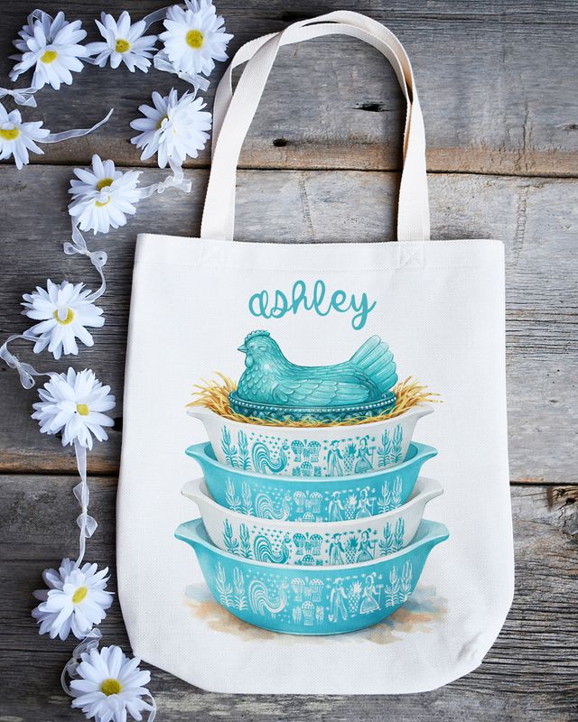 Hen on a Nest Vintage Pyrex Sourdough Linen Tote Bag