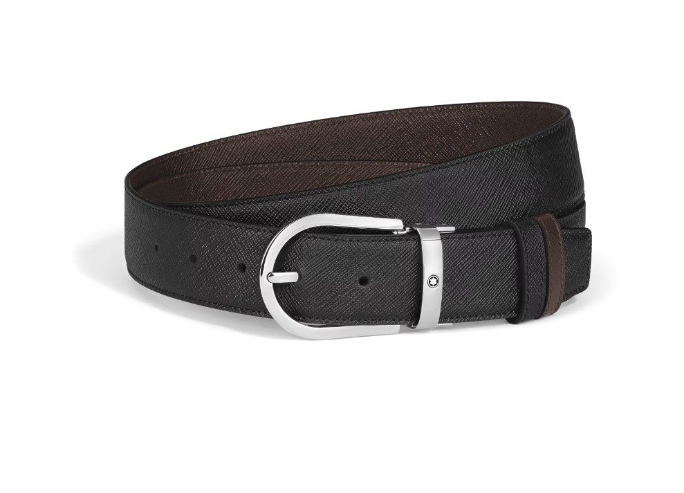 Montblanc 22145 Cintura Reversibile 35 mm in pelle nera e ebano sartorial goffrata con fibbia a ferro di cavallo Montblanc 22145 Cintura Reversibile 35 mm in pelle nera e ebano sartorial goffrata con fibbia a ferro di cavallo