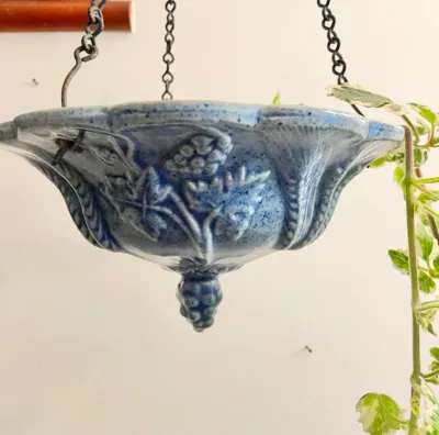 Blue Glazed Ceramic Hanging Planter – Grape Cluster Decoration