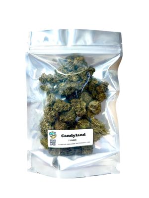 Candyland silver quality cannabis flower, one ounce in resealable pouch with product label visible