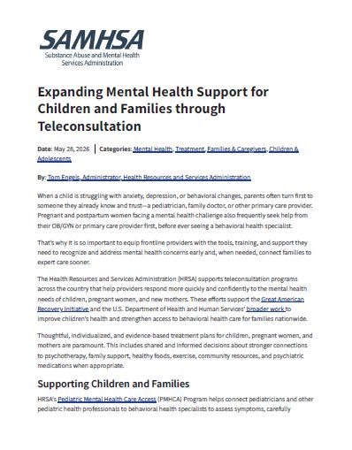 Expanding Mental Health Support for Children and Families through Teleconsultation - SAMHSA