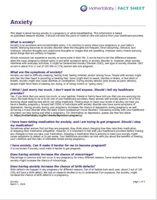 MotherToBaby Fact Sheet -  Anxiety - 2026