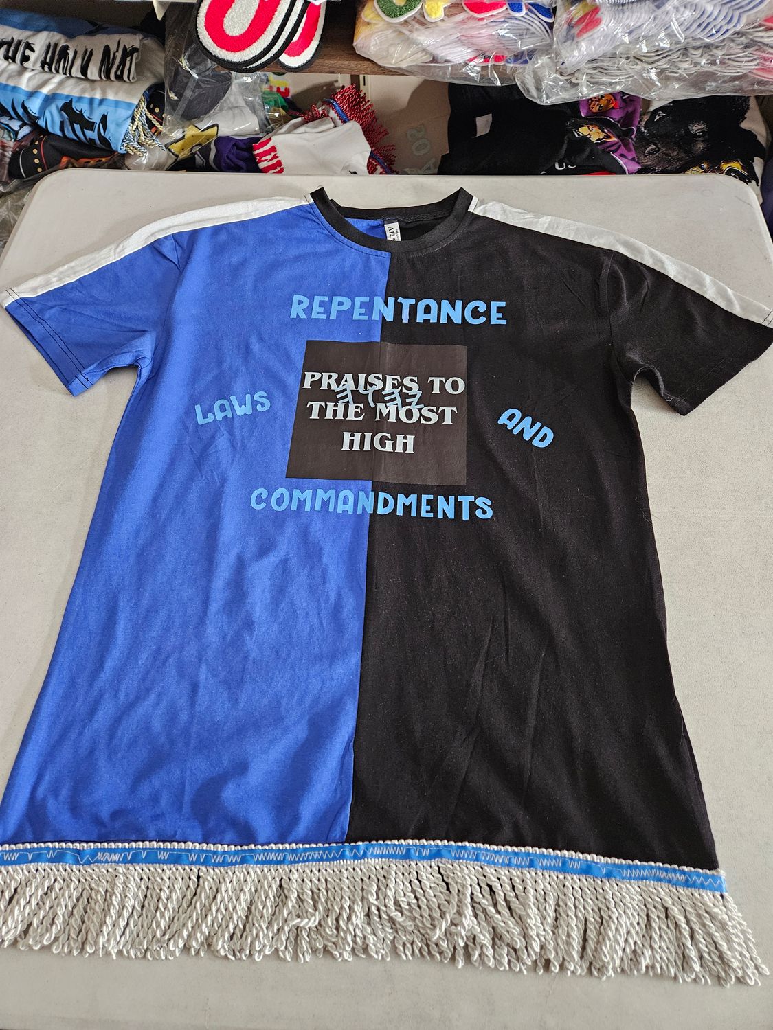 100% Cotton Two Tone Blue/Black Repentance, Laws and Commandments All Praises to The Most High White Fringes
