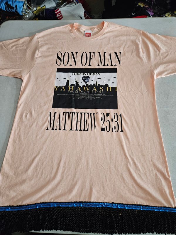 100% Cotton The Son of Man Matthew 25:31 Apricot Shirt Black Fringes