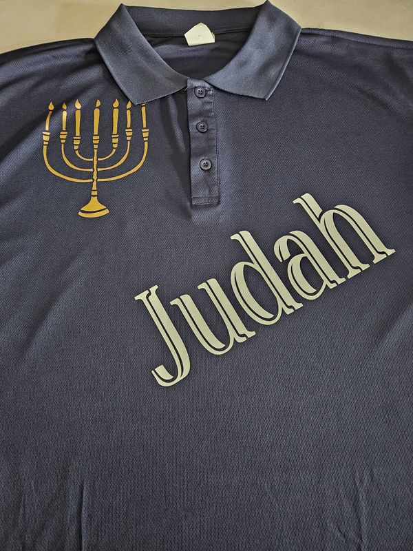Judah w/ Menorah Gold Fringes 100% Polyester Polo Navy Blue Short Sleeve