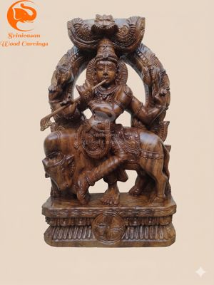 24 inches " Polished Krishna Wooden Statue with Cow"