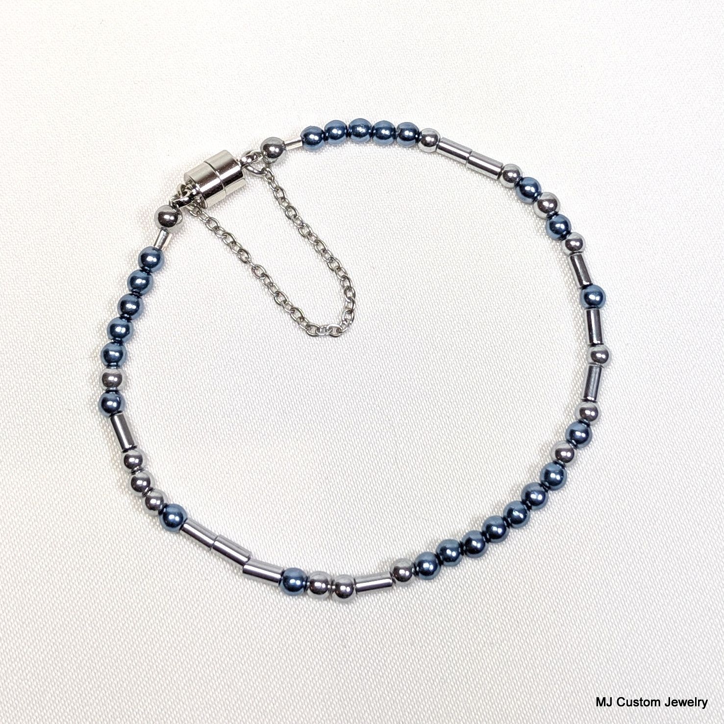 PEACE & LOVE Metallic Blue Pearl Morse Code Bracelet
