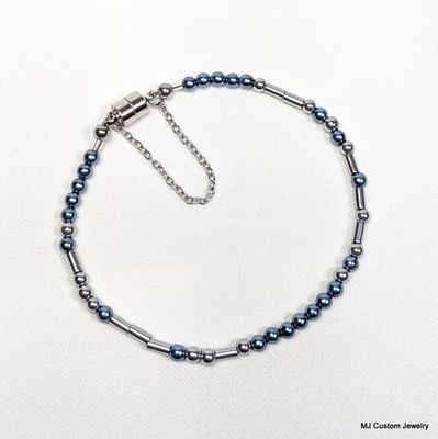 PEACE & LOVE Metallic Blue Pearl Morse Code Bracelet