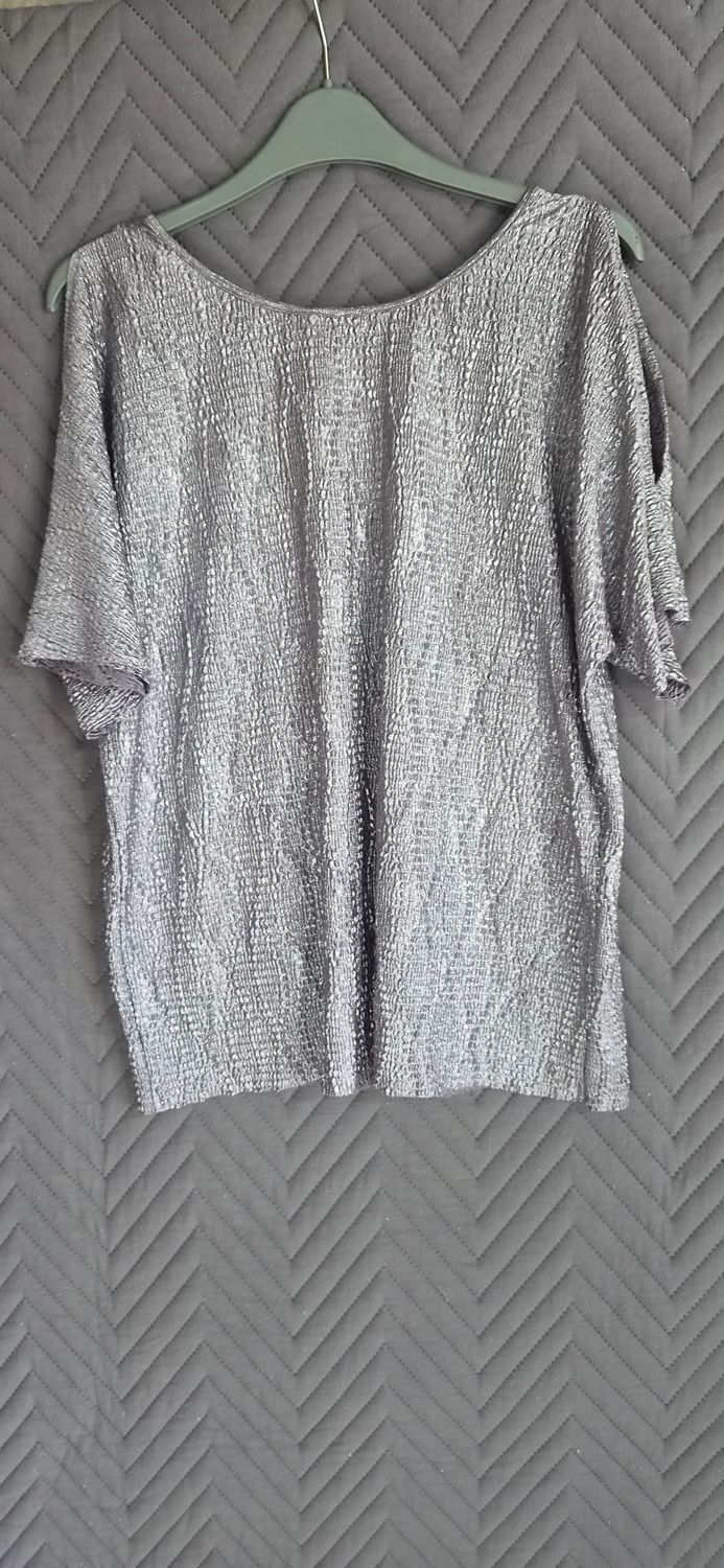 BLUSA PARA DAMA EN LAM� PLATEADO, MANGA CORTA. TALLE L/XL.