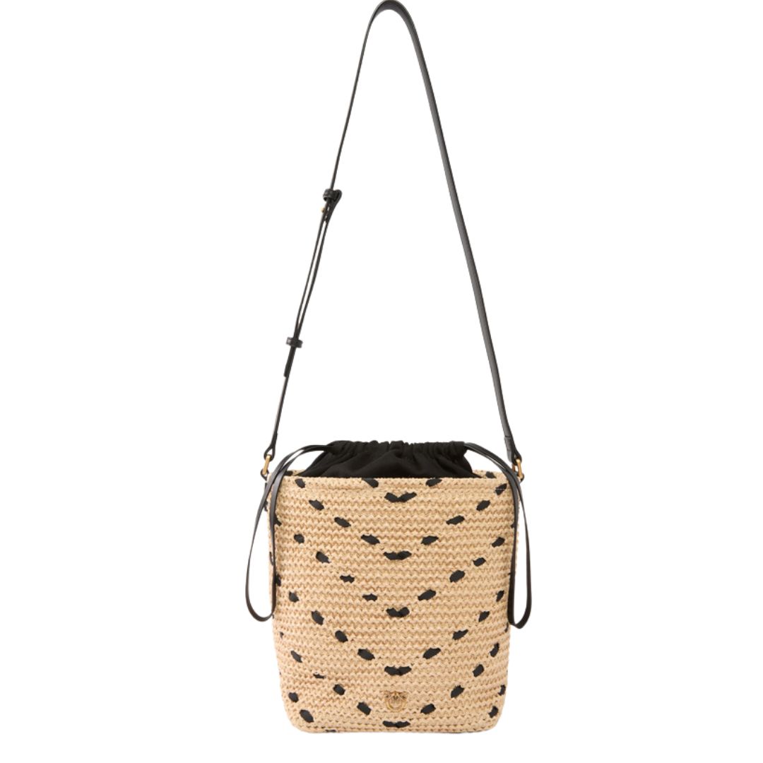 PINKO - Borsa a tracolla piccola Bucket Mini in rafia con motivo chevron - Paglia/Nero