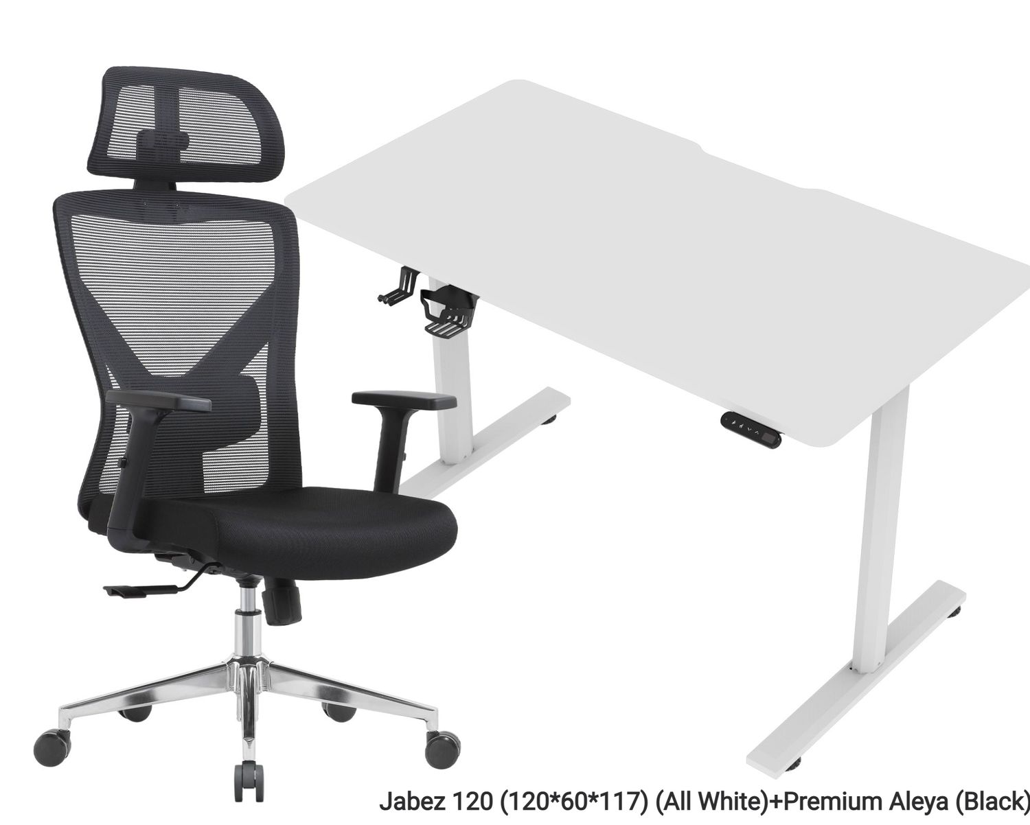 OFX Jabez 120 Electric Height Adjustable Single Motor With Digital Display Controller and Cup Holder (120*60) Gaming Desk &amp; Chair Set (White, Black, Oak White, Walnut), Gaming Desk Option: Jabez 120 (120*60*117) (All White), Chair Option: Premium Aleya (Black)