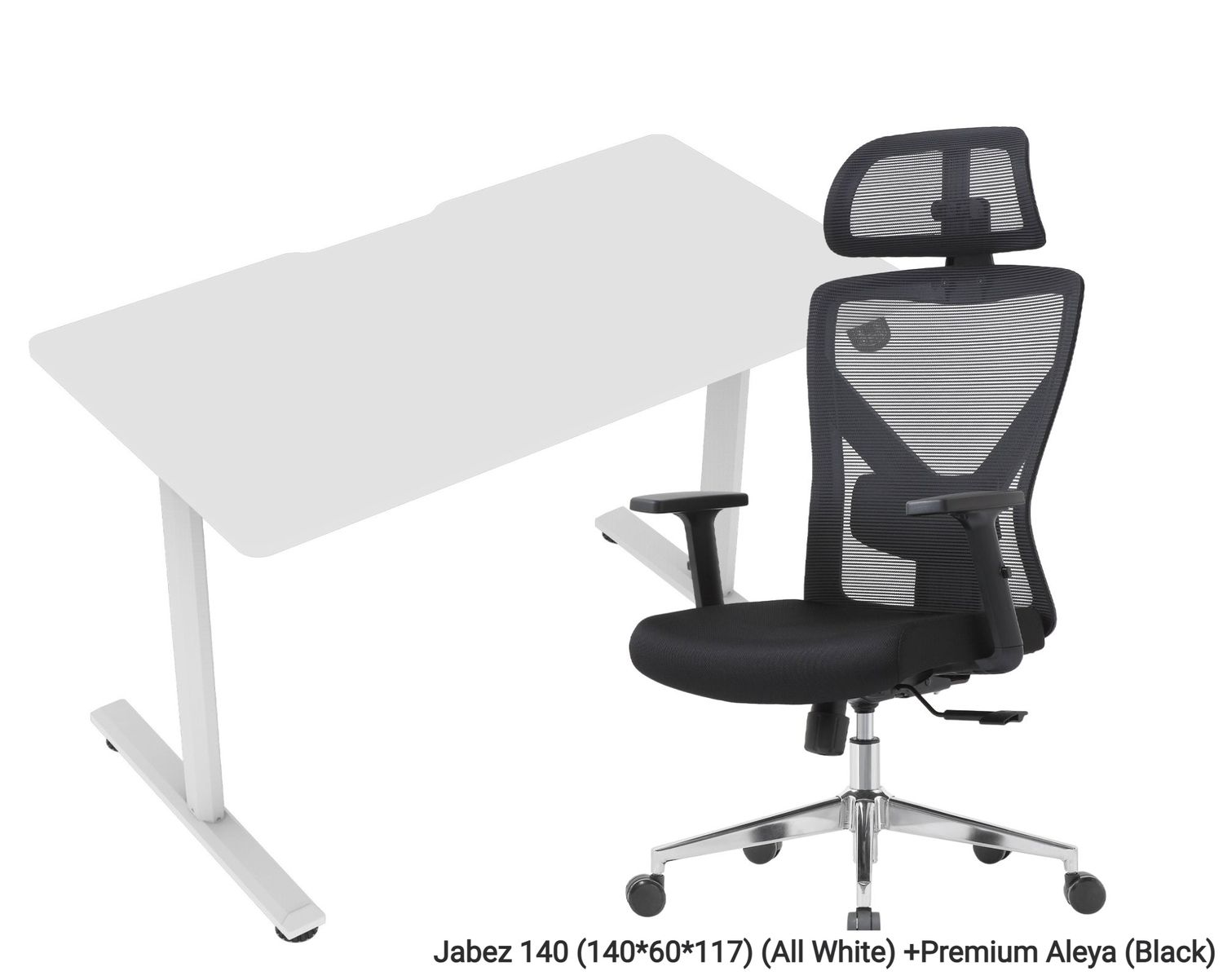 OFX Jabez 140 Office Gaming Electric Height Adjustable Single Motor Desk (140*60)  Gaming Desk &amp; Chair Set (Black, White), Gaming Desk Option: Jabez 140 (140*60*117) (All White), Chair Option: Premium Aleya (Black)