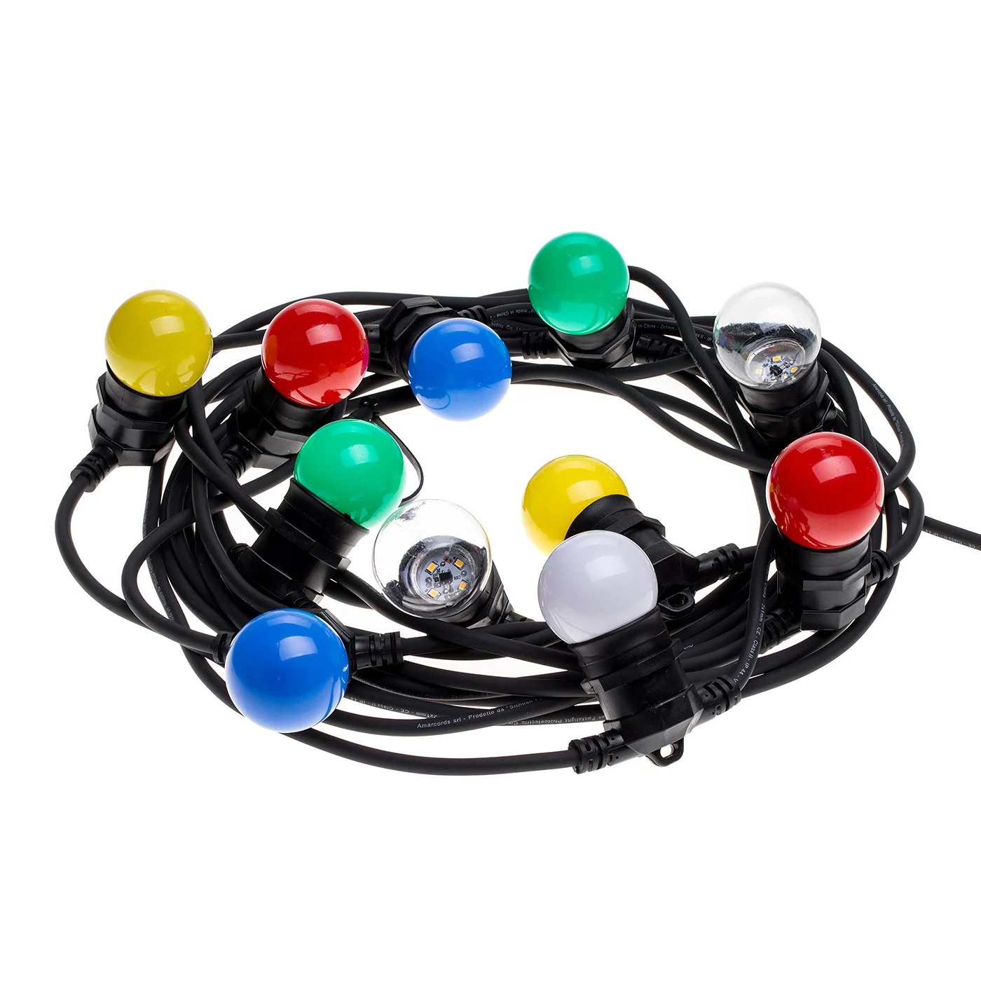 Catenaria Gghirlanda Per Esterno Con 11 Luci (Portalamapde E27) Lunghezza 12,5 metri + 2,5 metri Cavo Tondo 2 X 1 mm - NERA IP44 - Giuntabile con altre Catenarie ideale Per Giardino
