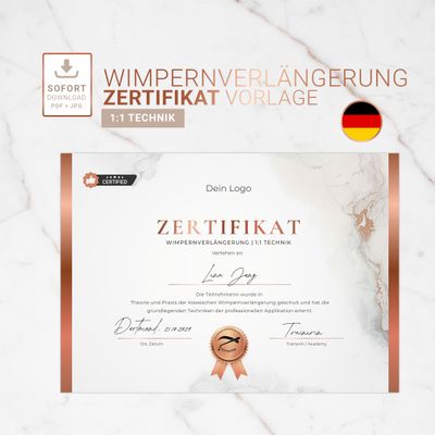 Zertifikat Vorlage | Wimpernverlängerung 1:1 Technik | mit Kupferakzenten und Zertifikat-Siegel Zertifikat Vorlage | Wimpernverlängerung 1:1 Technik | mit Kupferakzenten und Zertifikat-Siegel
