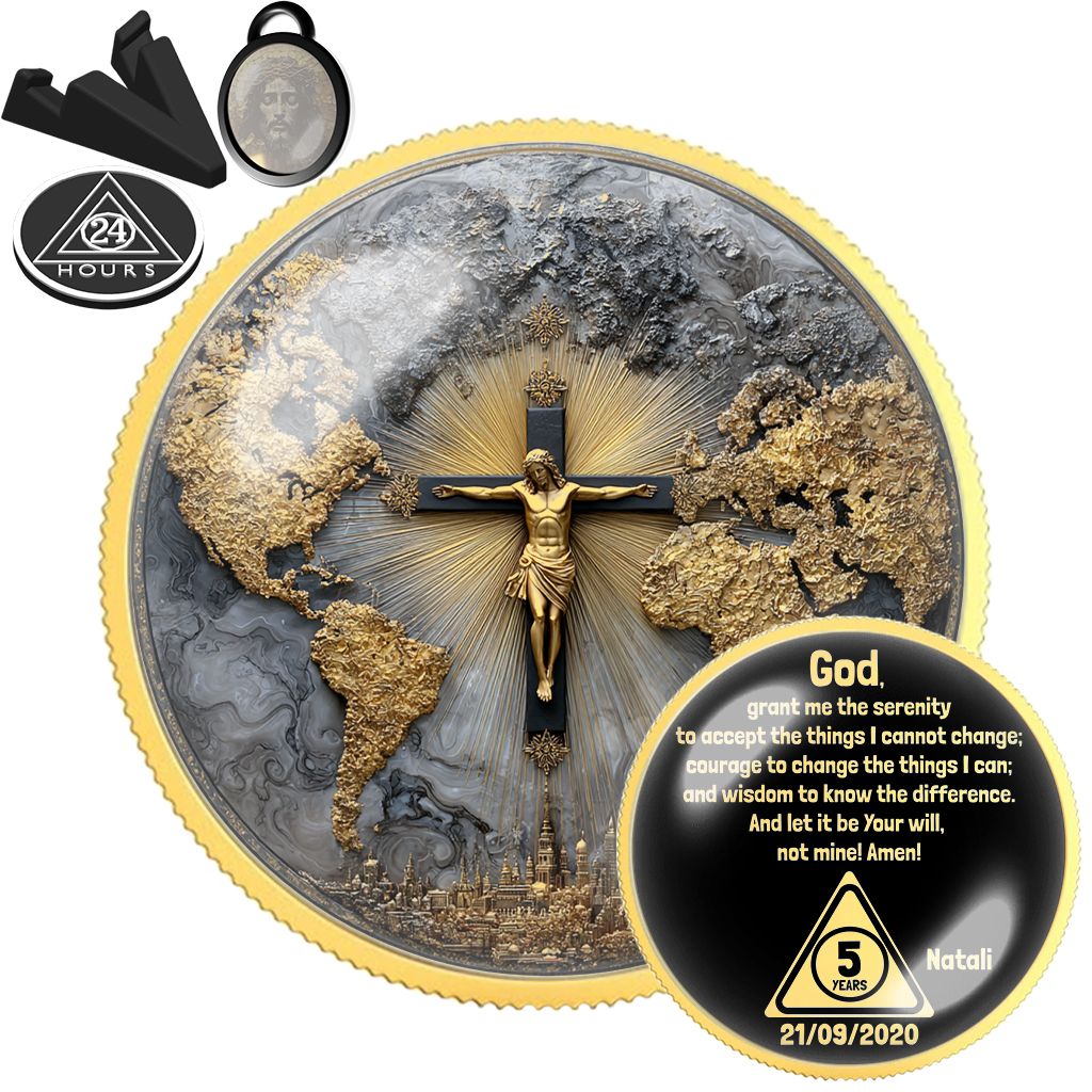 Sobriety Coin with Cross &amp; Jesus | AA Medallion | Recovery Chip